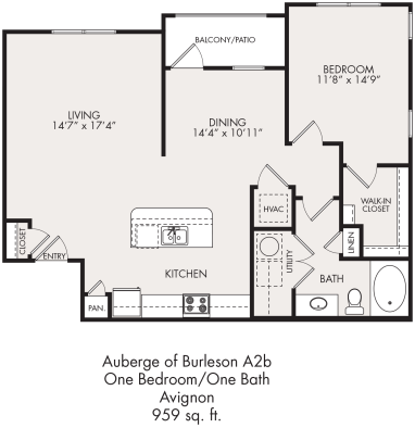 a floor plan for a one bedroom apartment at The Auberge of Burleson