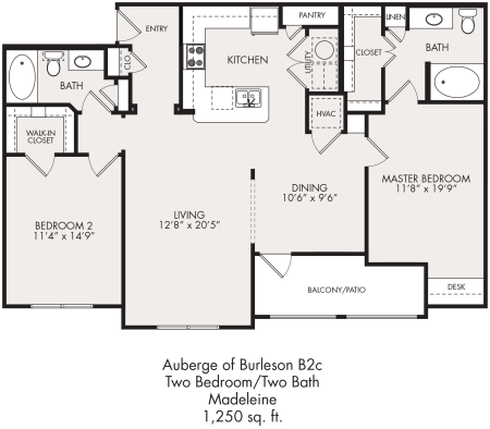 the floor plan for a two bedroom apartment at The Auberge of Burleson