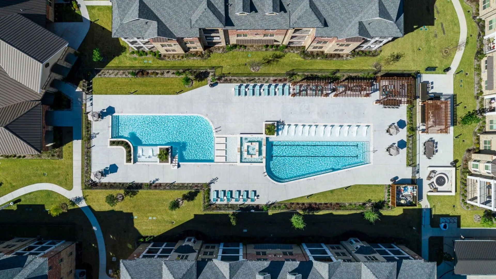 an aerial view of the pool and pool area at The Auberge of Burleson
