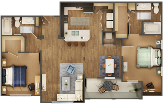 the floor plan of a two bedroom apartment at The Auberge of Burleson
